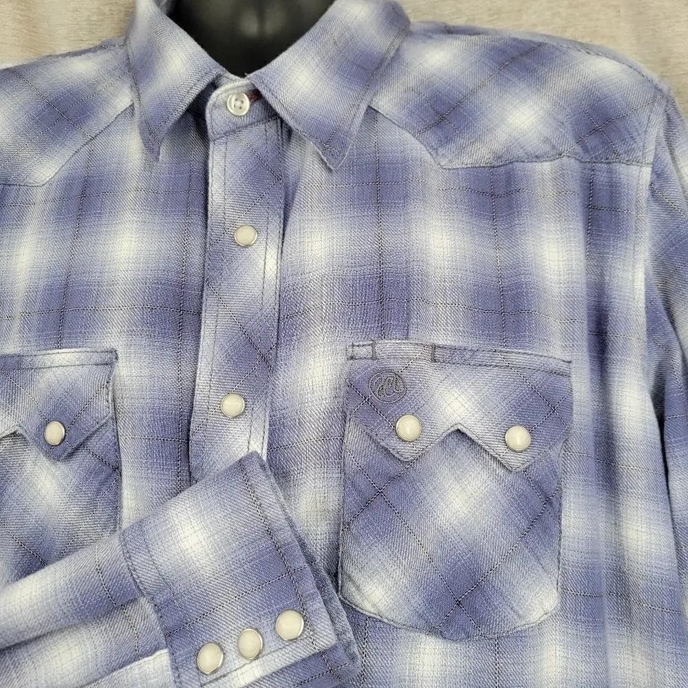 Wrangler Blue White Plaid Flannel Long Sleeve Western Pearl Snap Shirt Men's XL